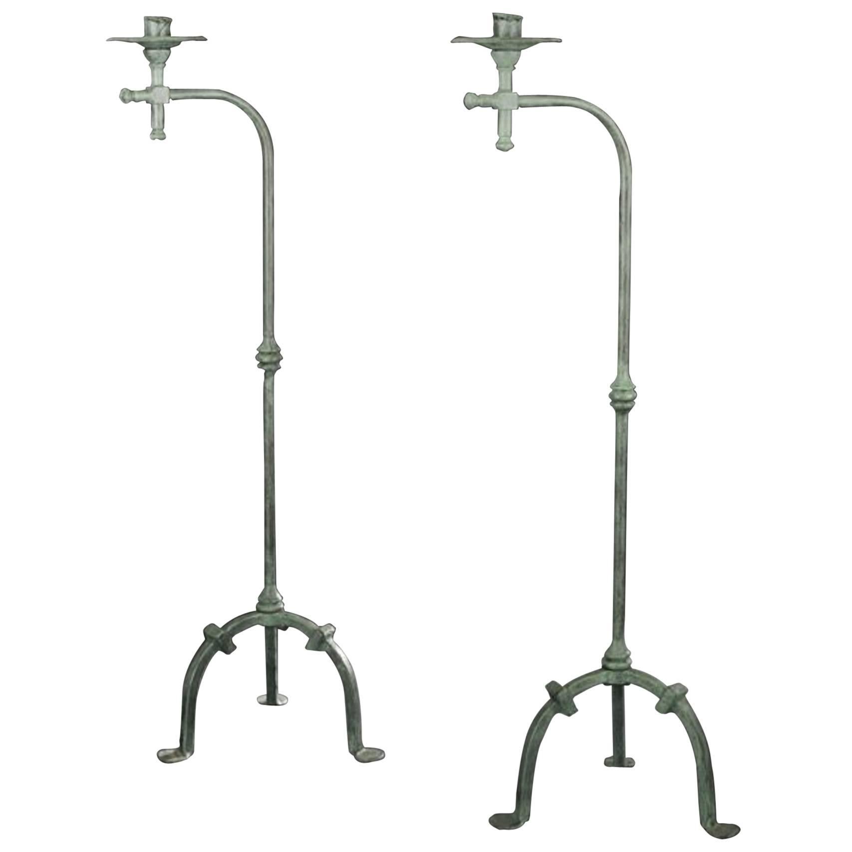 Pair of Spanish Provincial Verdigris Iron Candlestands For Sale