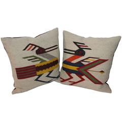 Vintage Pair of Mexican Indian Road Runner Weaving Pillows