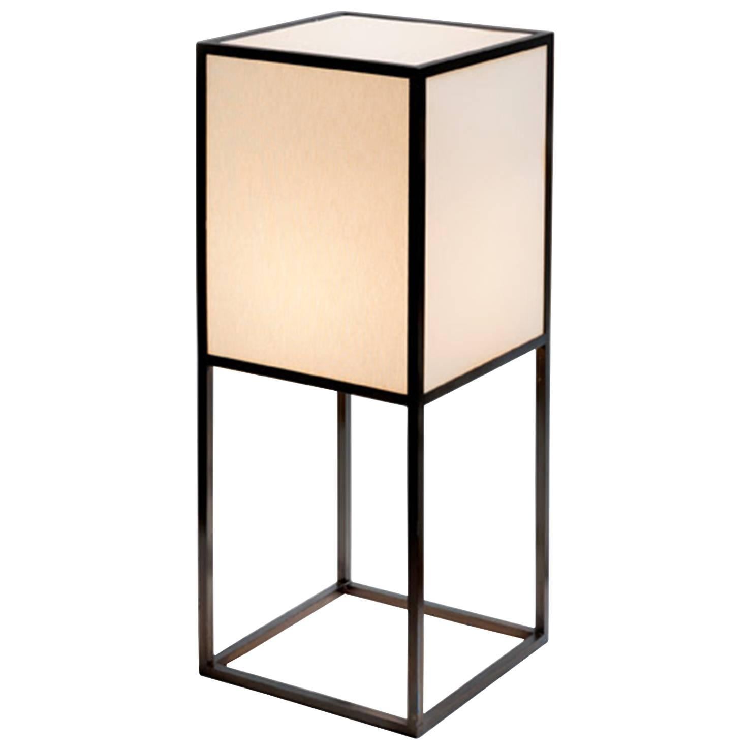 Dark Bronze Lantern Floor Lamps with Beige Ana Shades For Sale