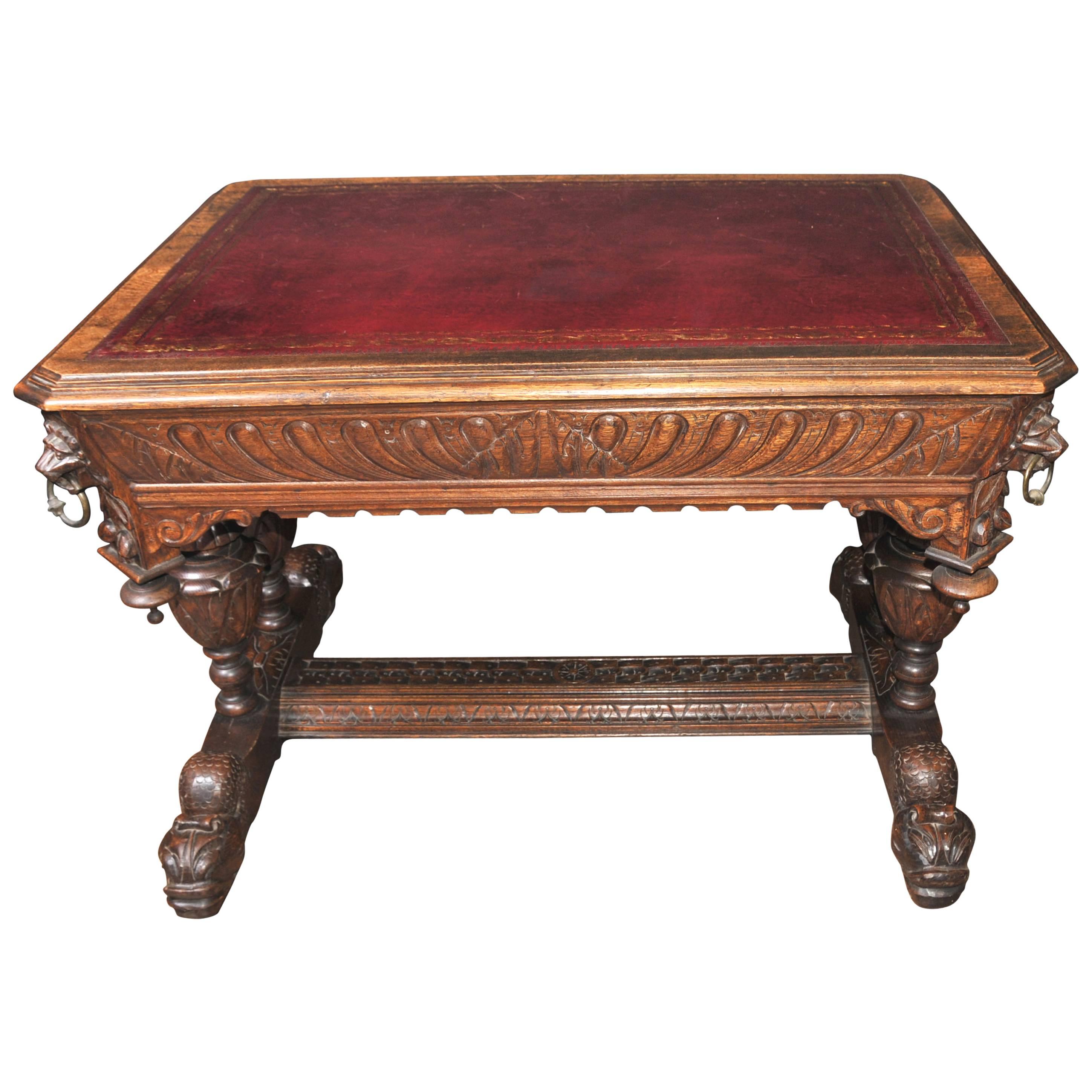 Antique 19th Century Carved Oak Library Table Desk Writing Table For Sale