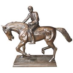 Large Antique French Bronze Horse and Jockey Statue Signed