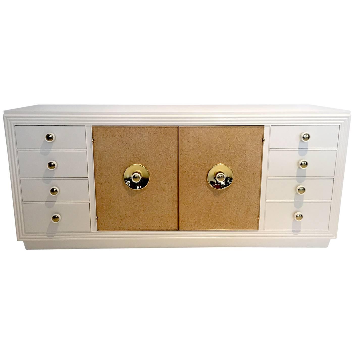 Paul Frankl Sideboard with Lacquered Cork and Brass For Sale