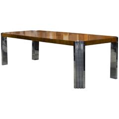 Chrome and Burl Olivewood Milo Baughman for Pace Dining Table, Two Leaves
