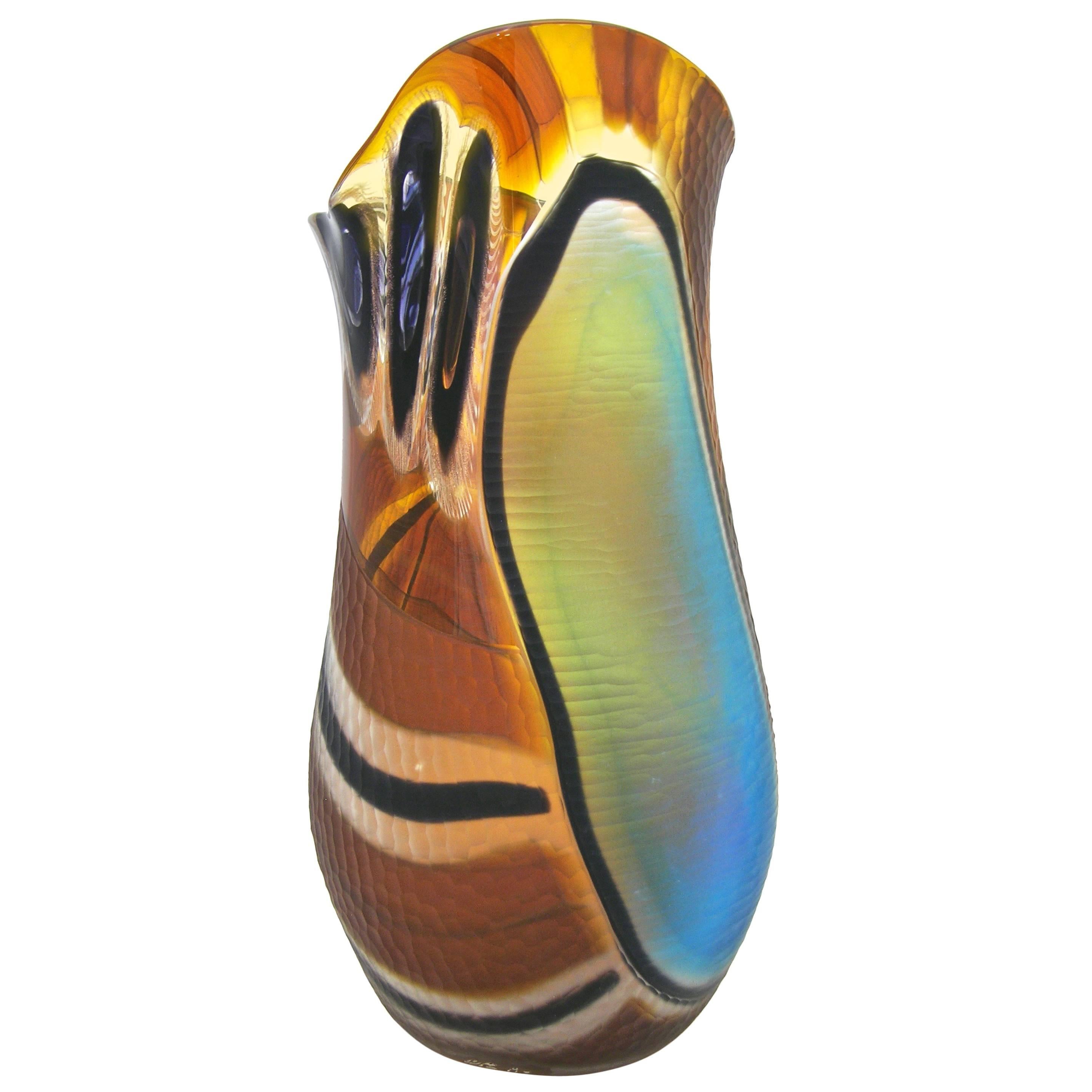 Cenedese 1990s Colorful Murano Glass Vase with Blue Black and Gold Murrine