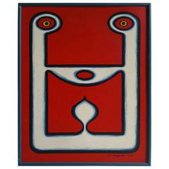 Vintage Modernist Tribal Oli Painting, circa 1969, "Tete Tete" Artist Alex Bleszynski