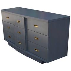 Sculptural French Blue Grey Dresser with Brass Hardware