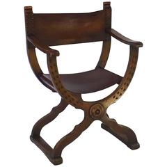 Antique French Savonarola Armchair with Leather Back and Seat