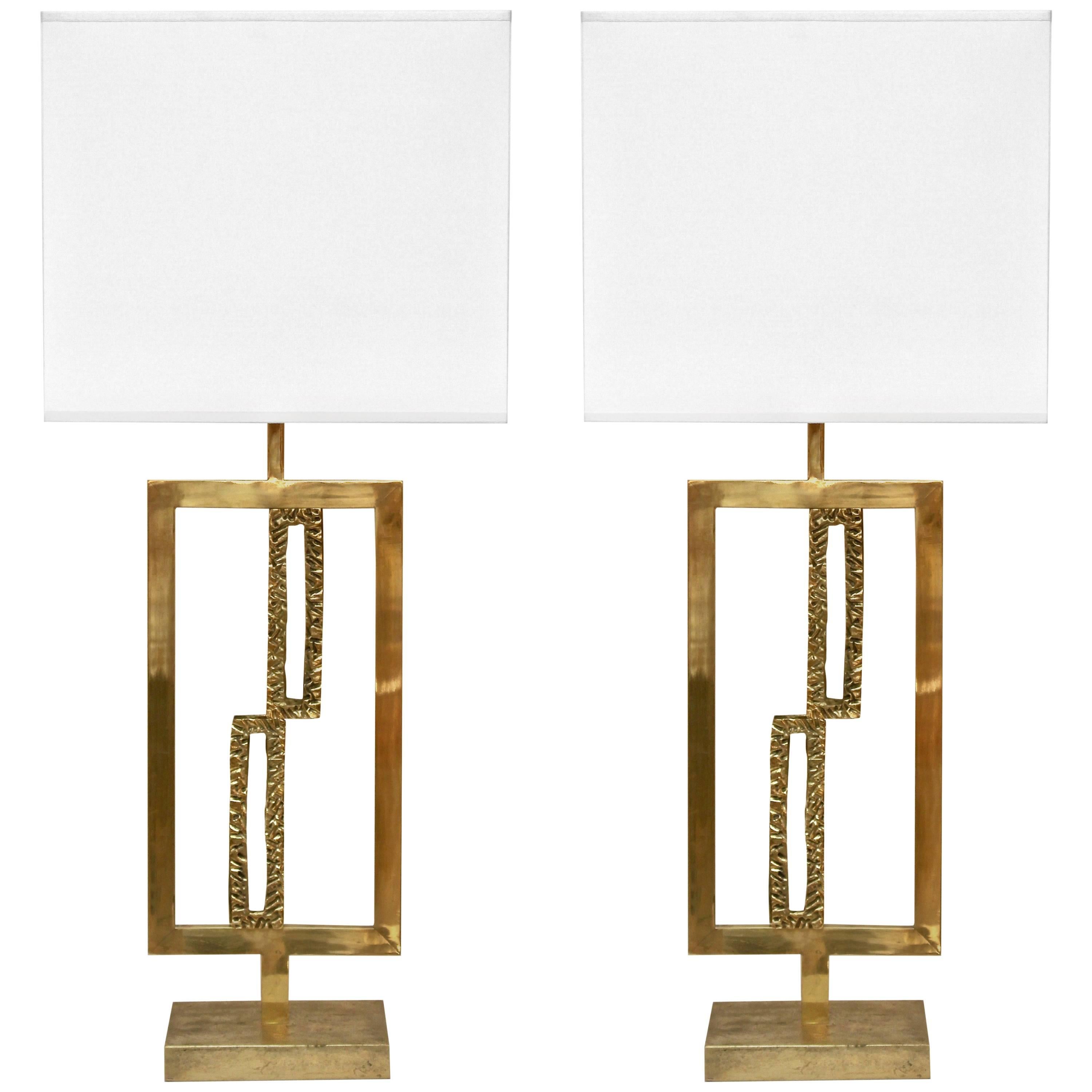 Italian Design Contemporary Pair of Cast Bronze and Gold Brass Rectangular Lamps