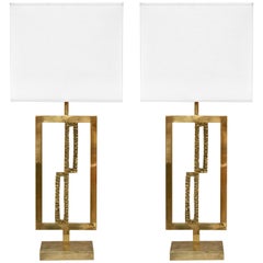 Italian Design Contemporary Pair of Cast Bronze and Gold Brass Rectangular Lamps