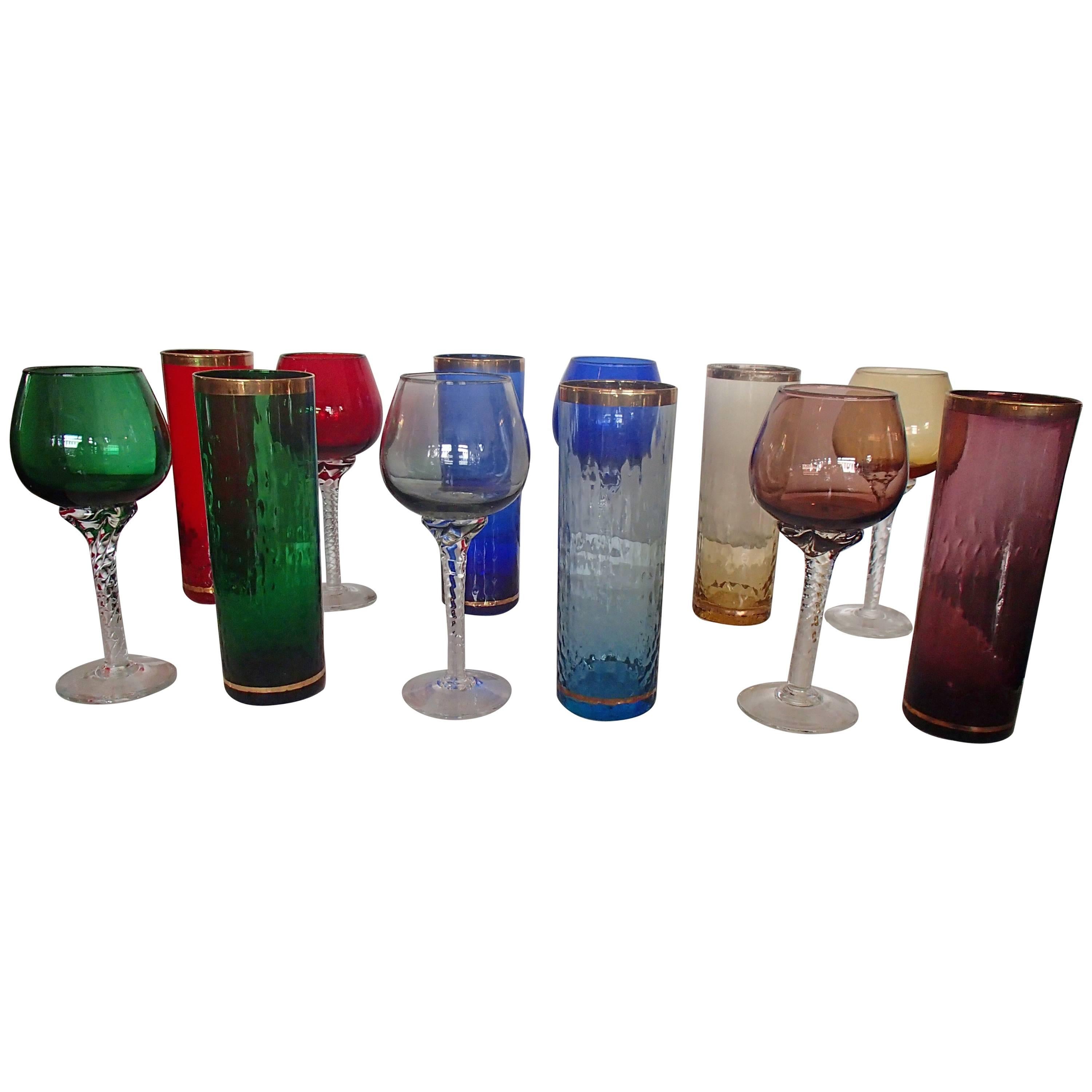 1950 Colorful Set of Murano Wine and Water Drinking Glasses for Six