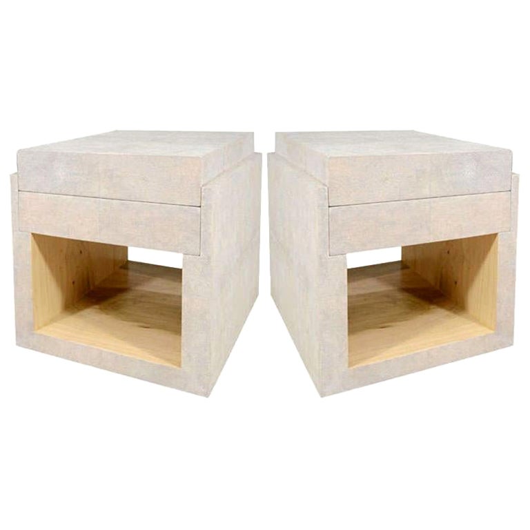 Shagreen Side Tables, Nightstands, Cream, with Two Drawers, Contemporary, France