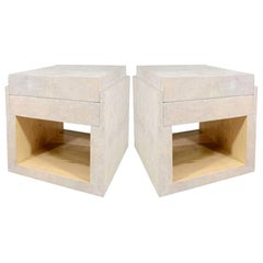 Shagreen Side Tables, Nightstands, Cream, with Two Drawers, Contemporary, France