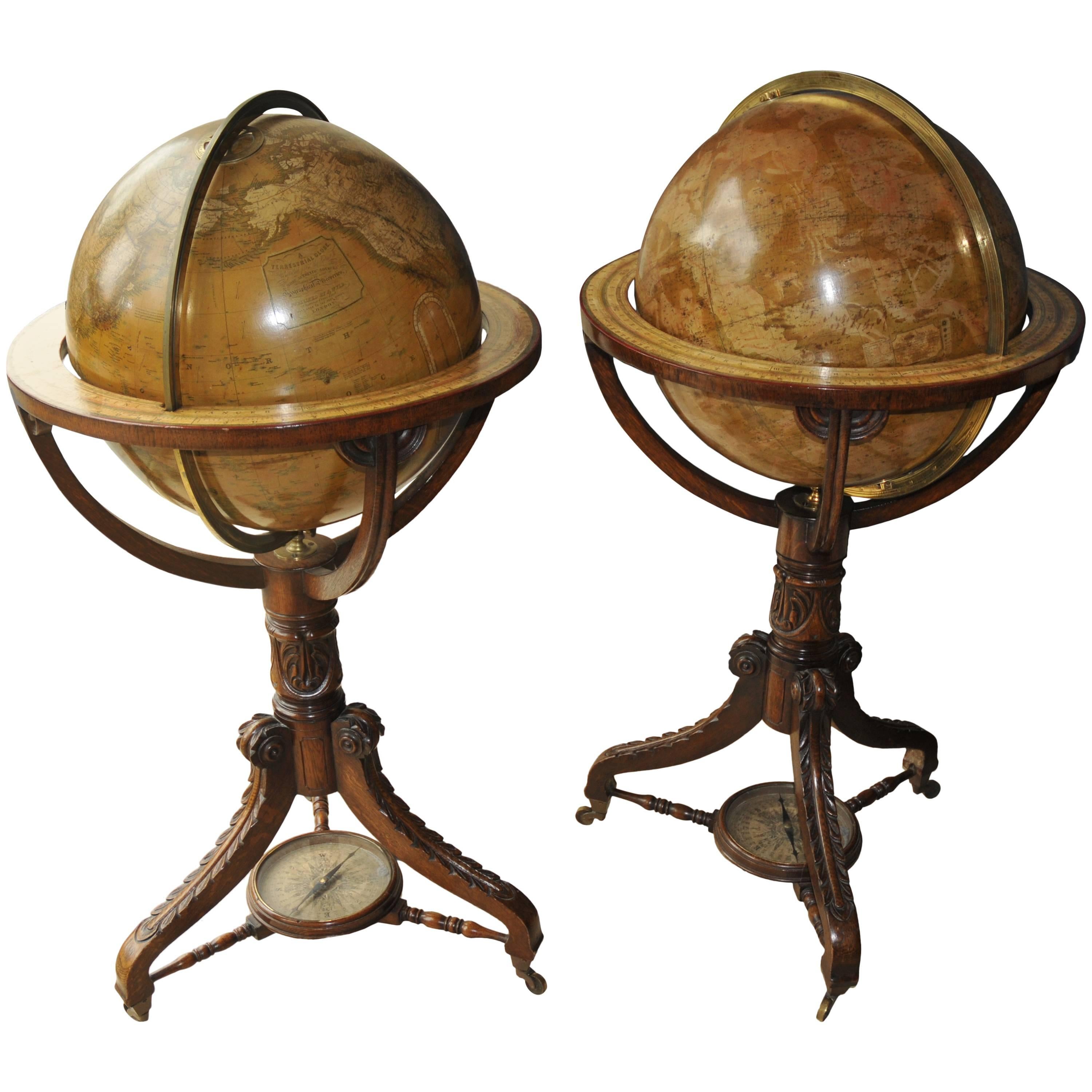 Massive Pair of English Origin Library Globes Signs J. Wyld