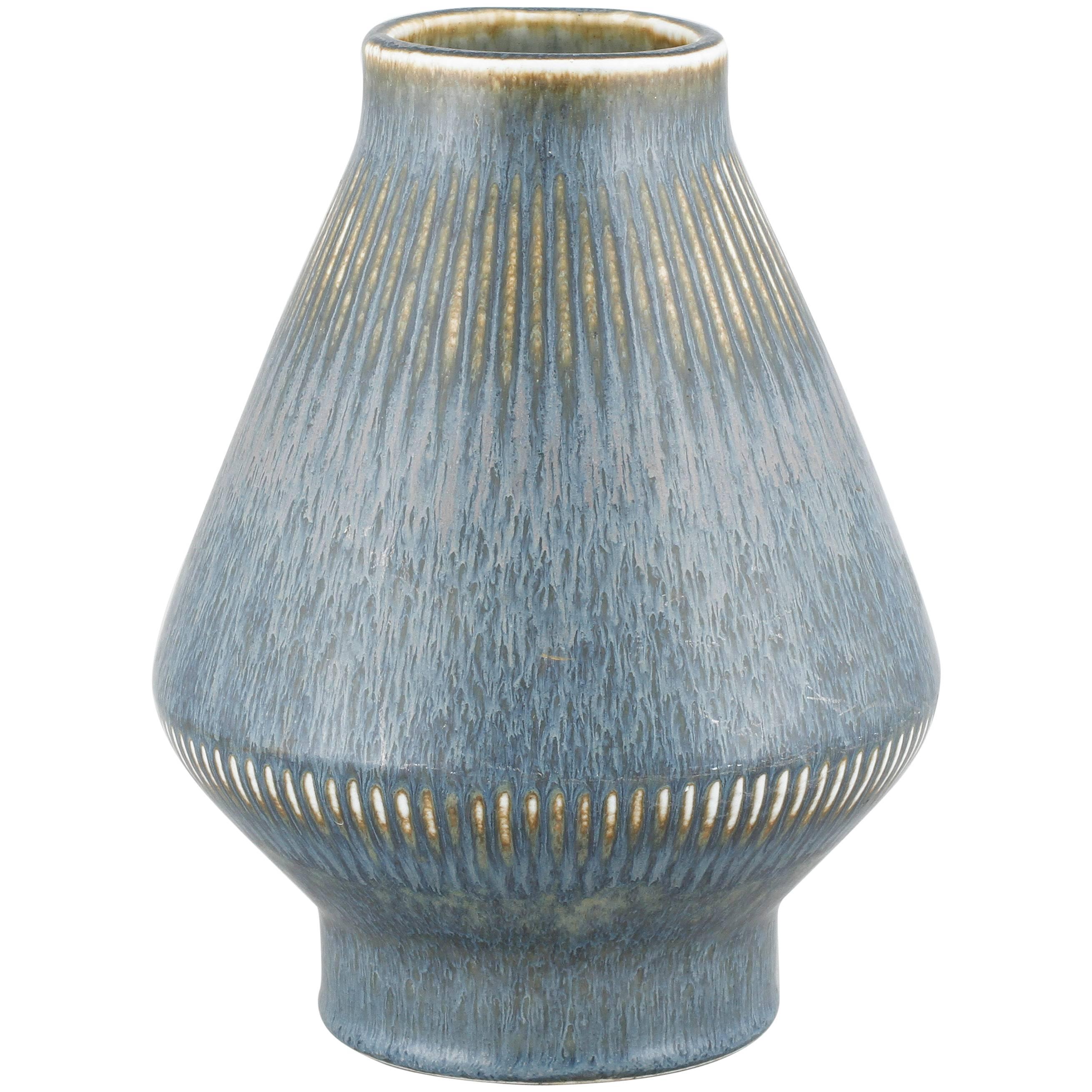 Carl-Harry Stalhane Stoneware Vase with Blue Glaze, circa 1950 For Sale