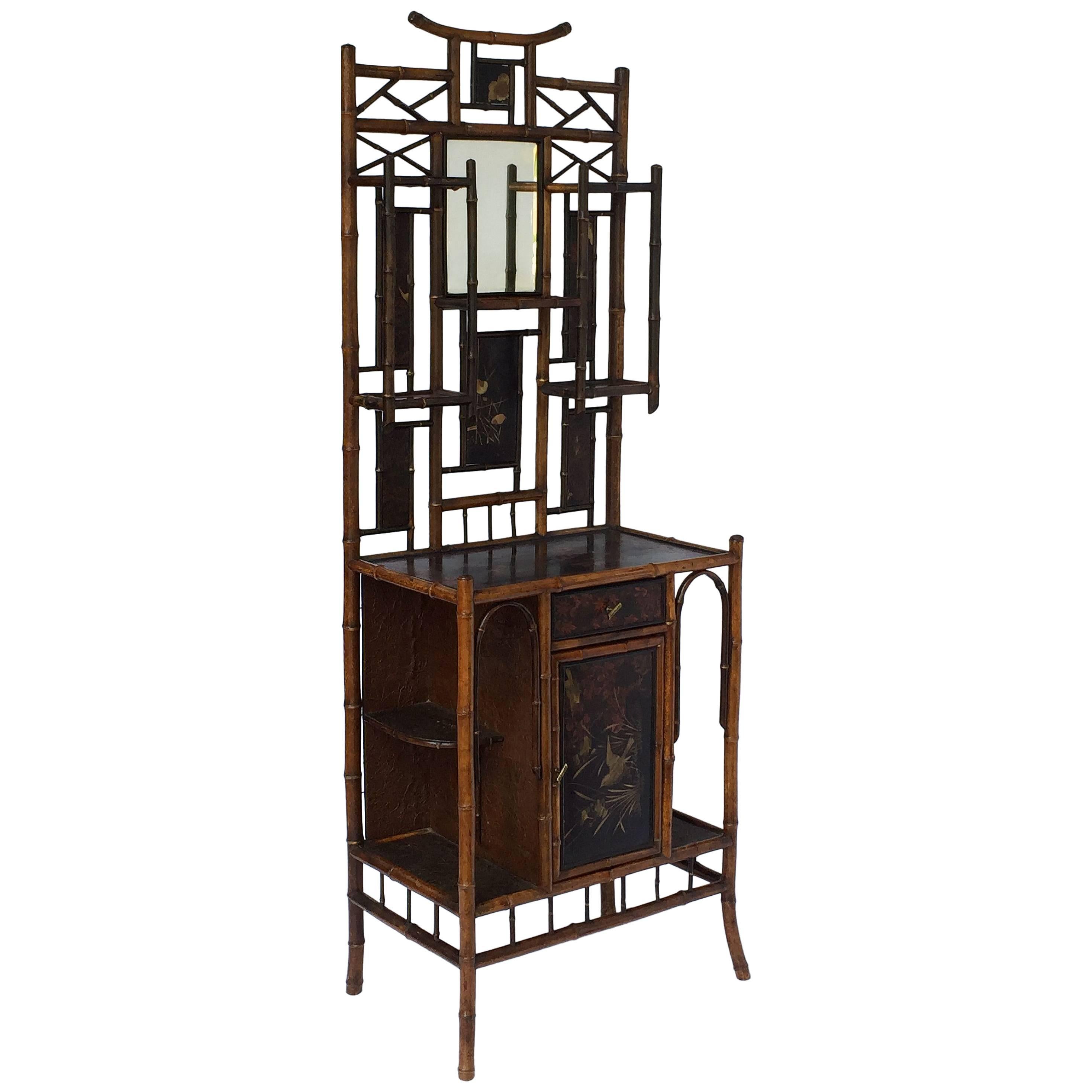 Large English Bamboo Lacquered Cabinet with Beveled Mirror and Door