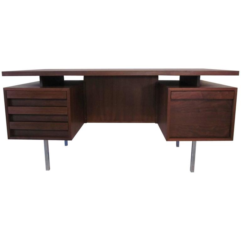 MidCentury Walnut Floating Top Desk with Back Side Bookcase at 1stDibs