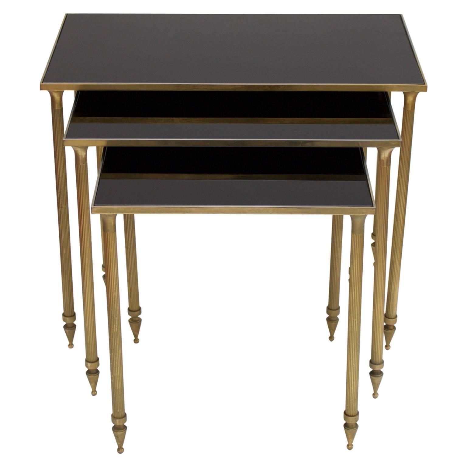Set of Side Tables with Black Glass Tops