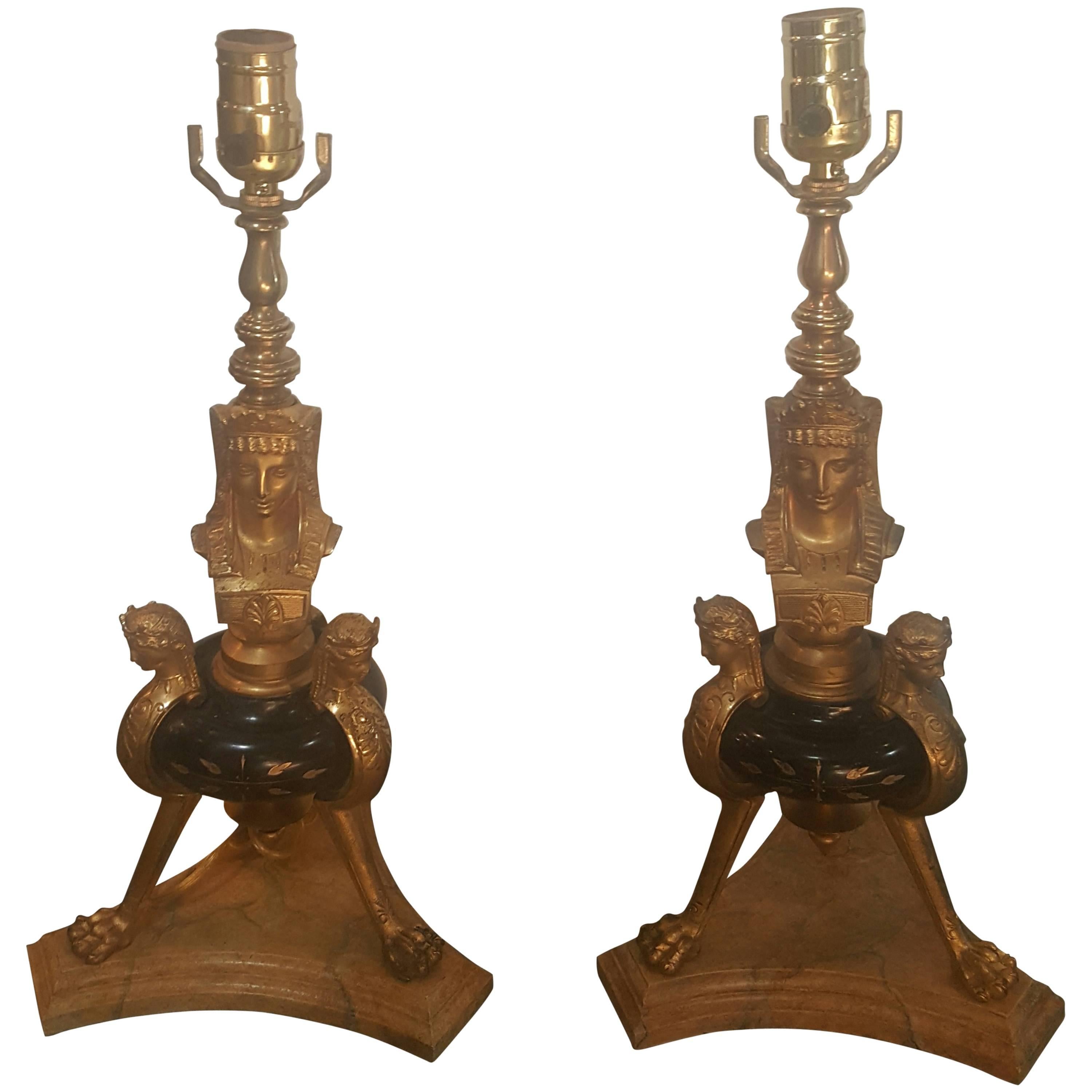 19th Century French Egyptian Revival Doré Bronze and Marble Lamps
