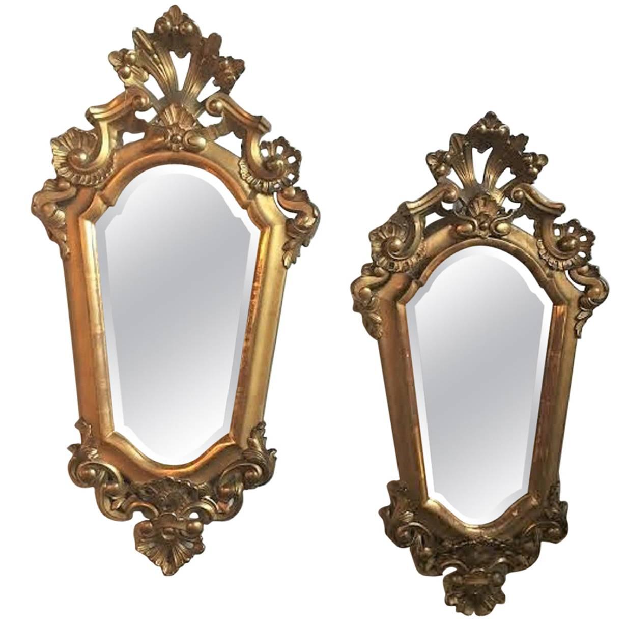 Italian Designer, Small Wall Mirrors, Gold Gilt, Carved Wood, Italy, 1950s