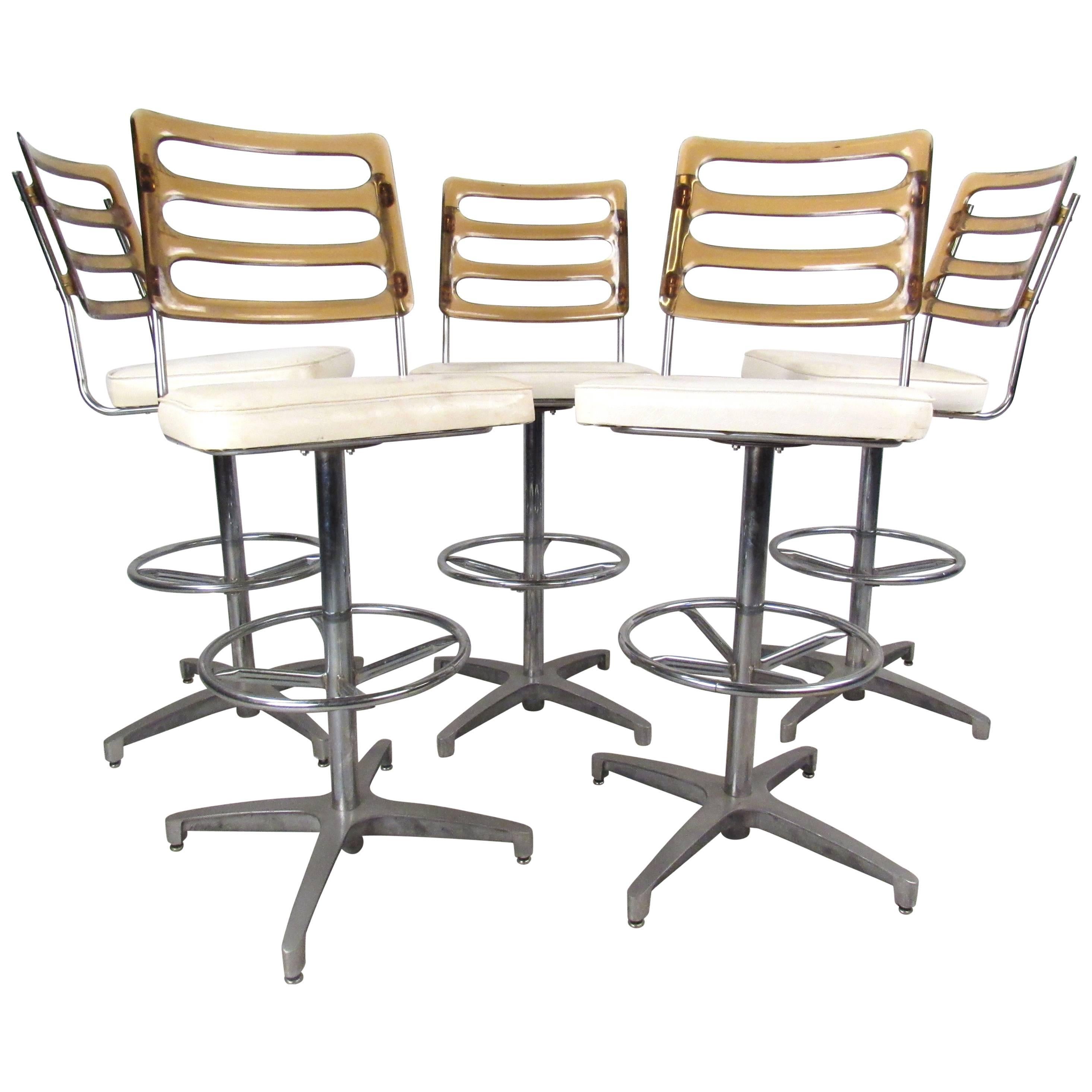 Set of Mid-Century Lucite and Vinyl Bar Stools by Chrome Craft