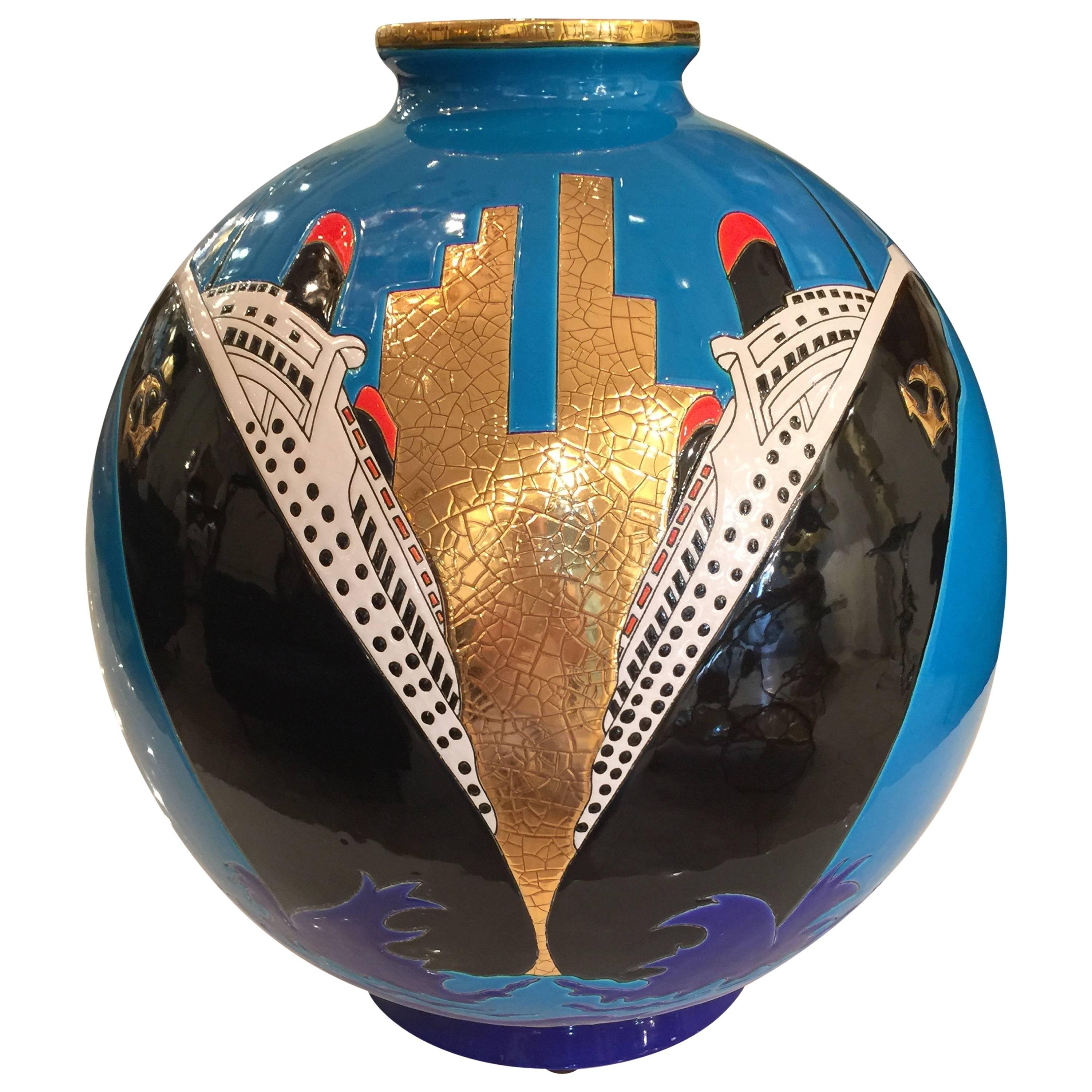 French Ceramic Vase Signed Curetti for Longwy For Sale