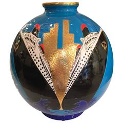 French Ceramic Vase Signed Curetti for Longwy