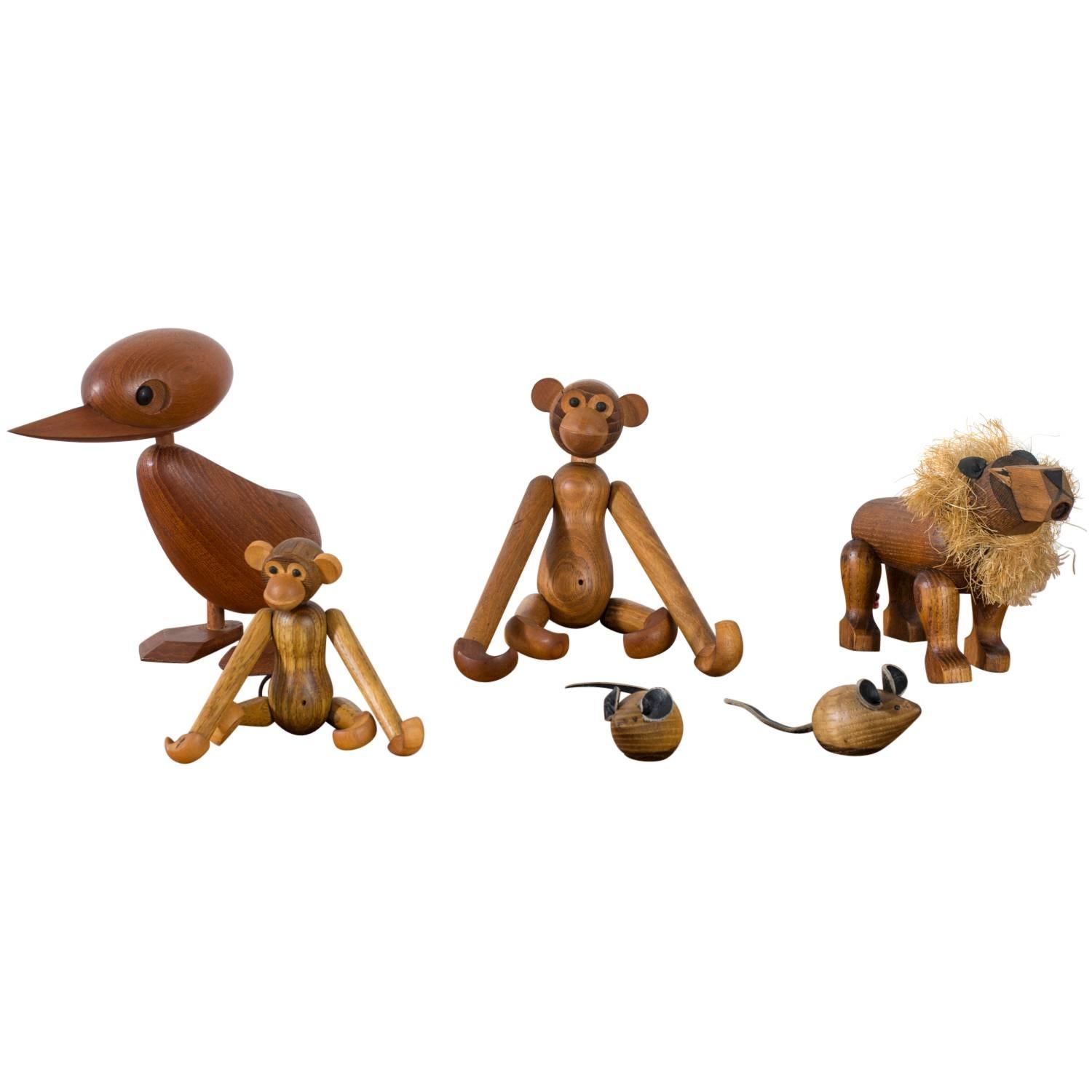 Set of Six Vintage Mid-Century Wood Animal Toys