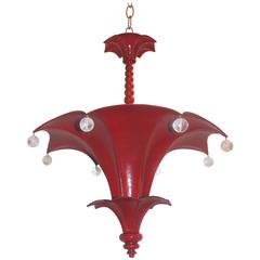 Wonderful Vintage Pagoda Red Enamel Rock Crystal Pendant Chandelier Tole Fixture