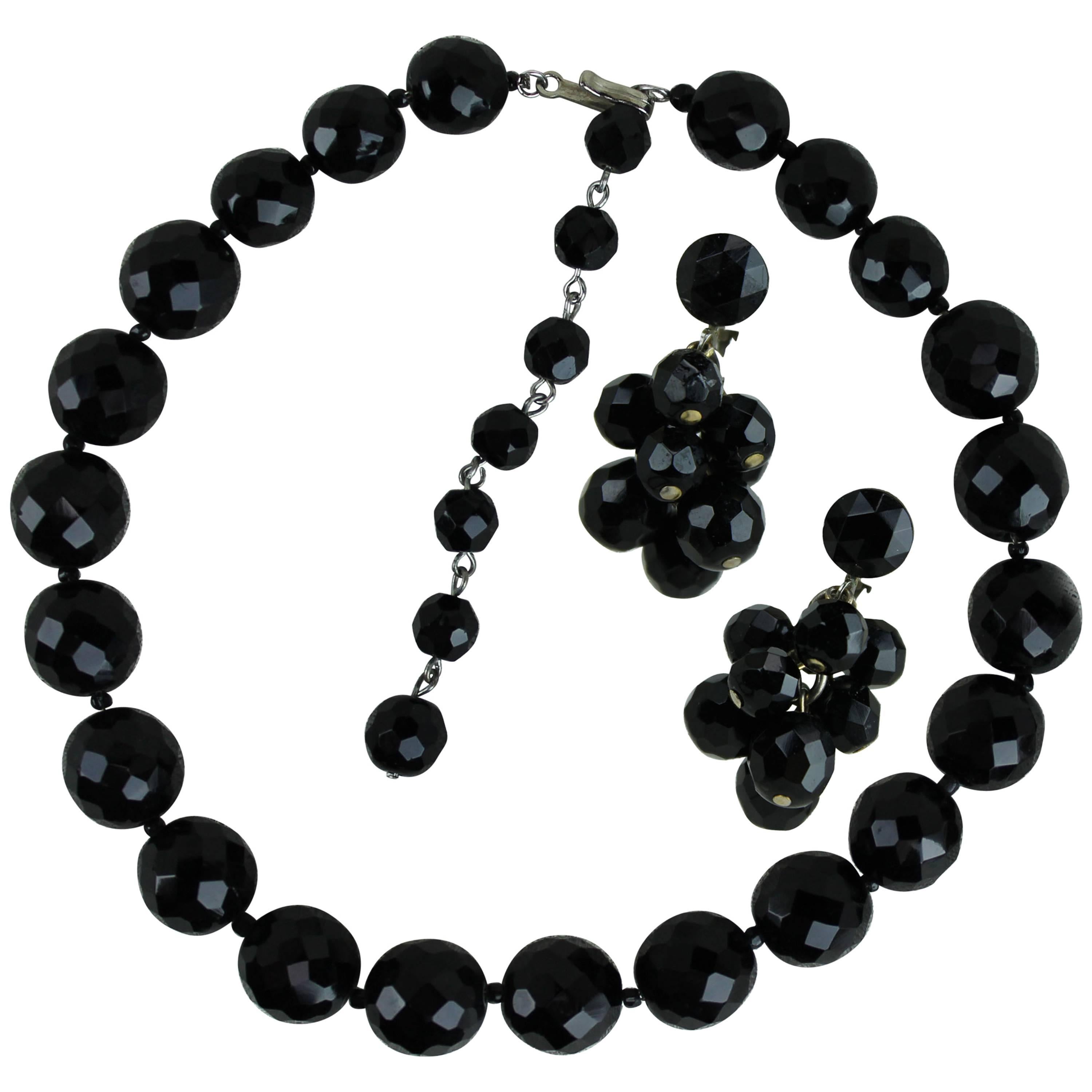 Vintage Hobé Jet Black Faceted Glass Bead Choker Necklace and Dangle Earrings