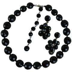 Retro Hobé Jet Black Faceted Glass Bead Choker Necklace and Dangle Earrings