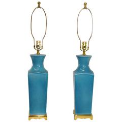 Pair of Turquoise Blue Table Lamps with Brass Accents by Paul Hanson