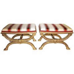 Pair French Neoclassic Regency Style Giltwood Benches or Taborets 