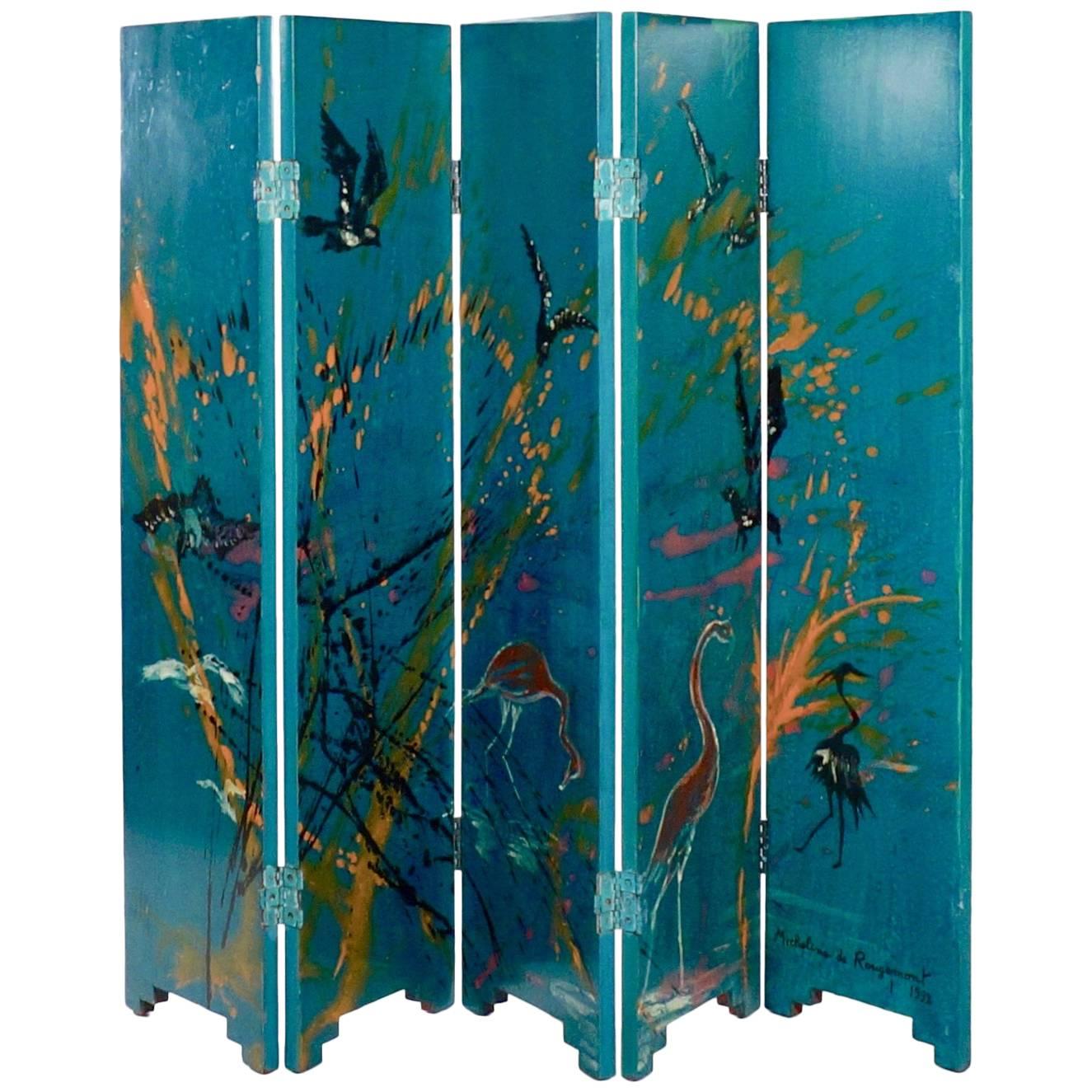Small Five-Fold Painted Wooden Screen by Micheline de Rougemont For Sale