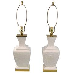 White Porcelain Lamps with Embossed Asian Detail and Brass Base by Paul Hanson