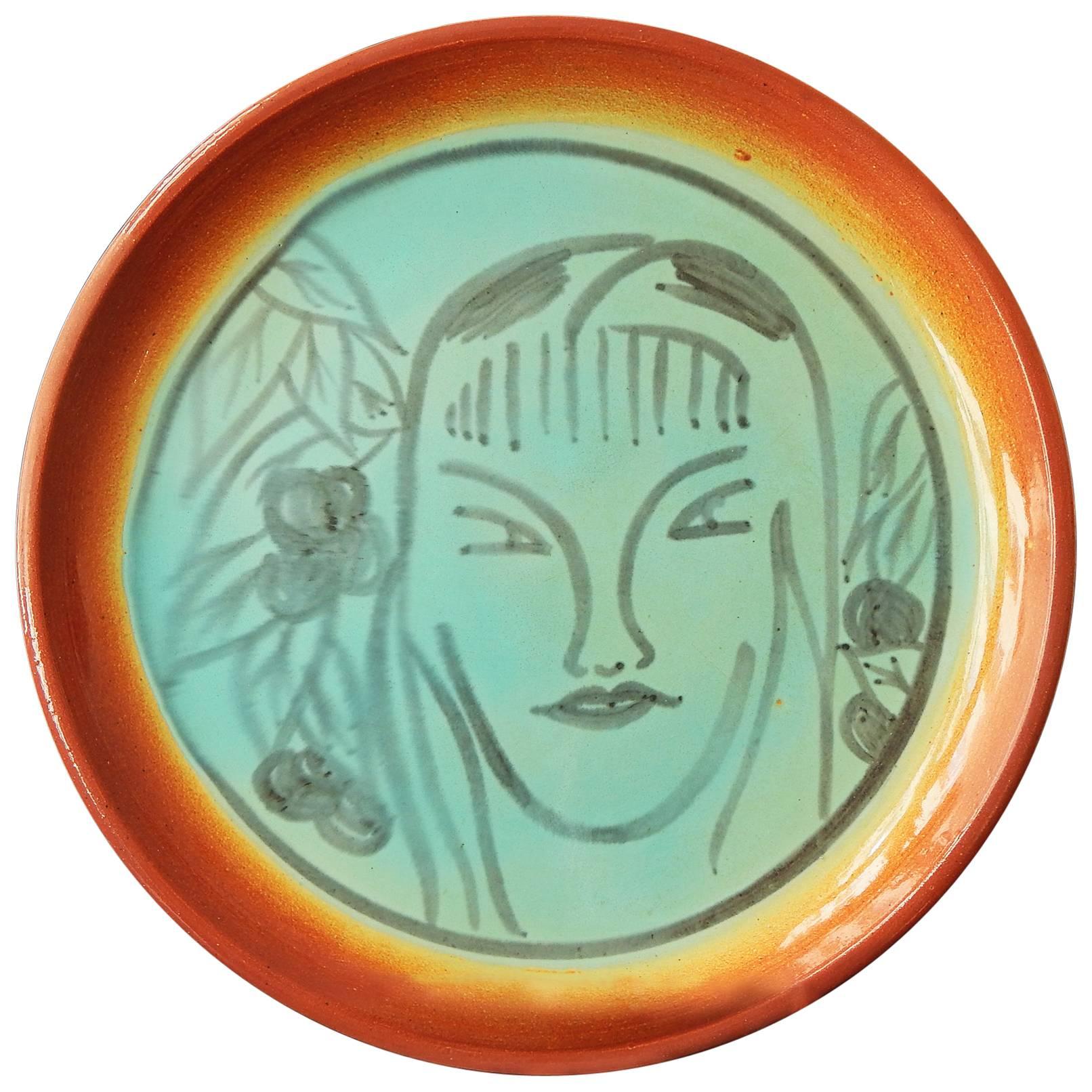 "Exotic Scene with Female Figure, " Rare and Large Art Deco Platter by Pereny For Sale