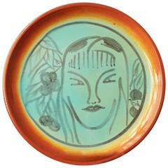 "Exotic Scene with Female Figure," Rare and Large Art Deco Platter by Pereny