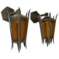 Beautiful Pair of 1920 Copper Outdoor Sconces