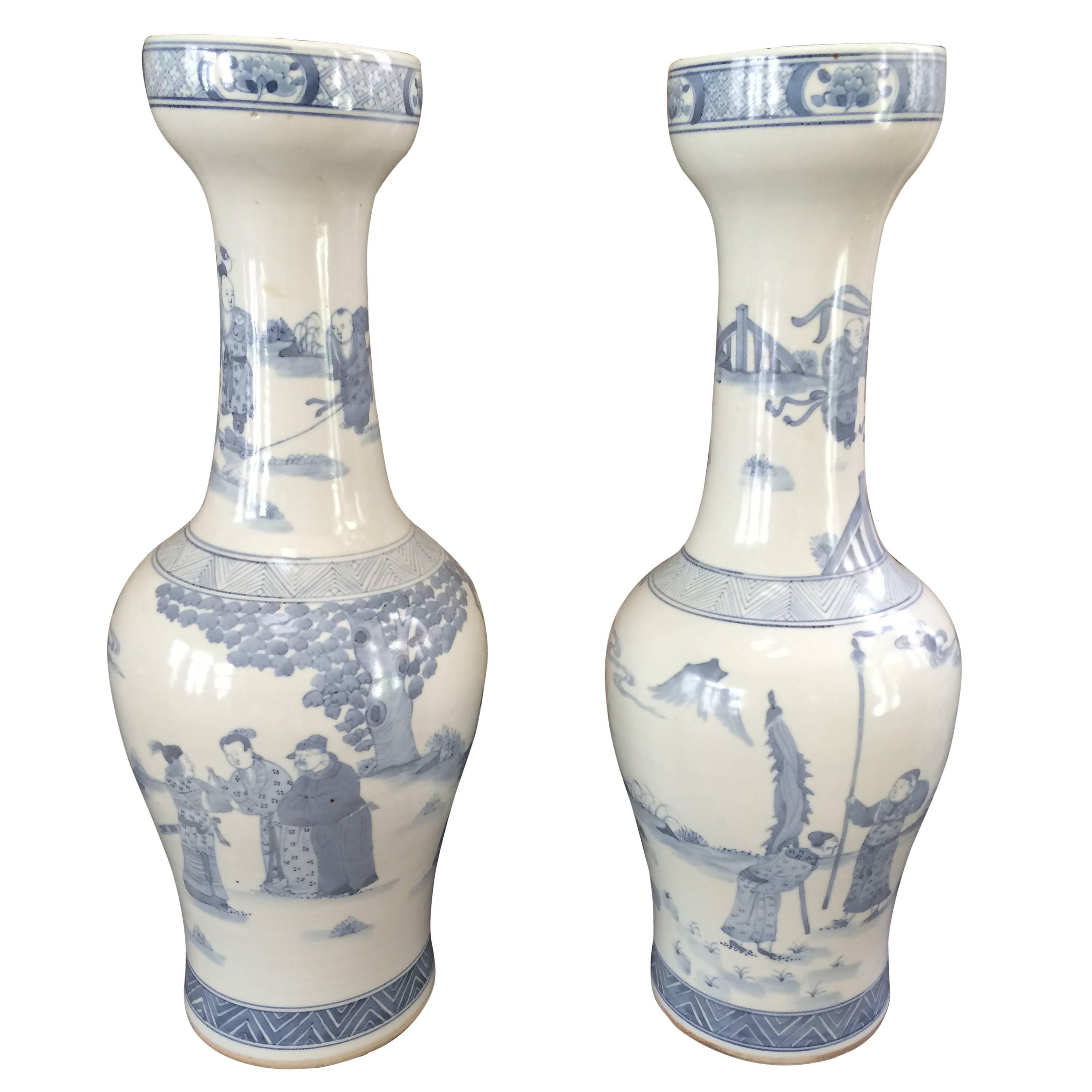 Unusual Pair of Chinese Export Blue and White Vases