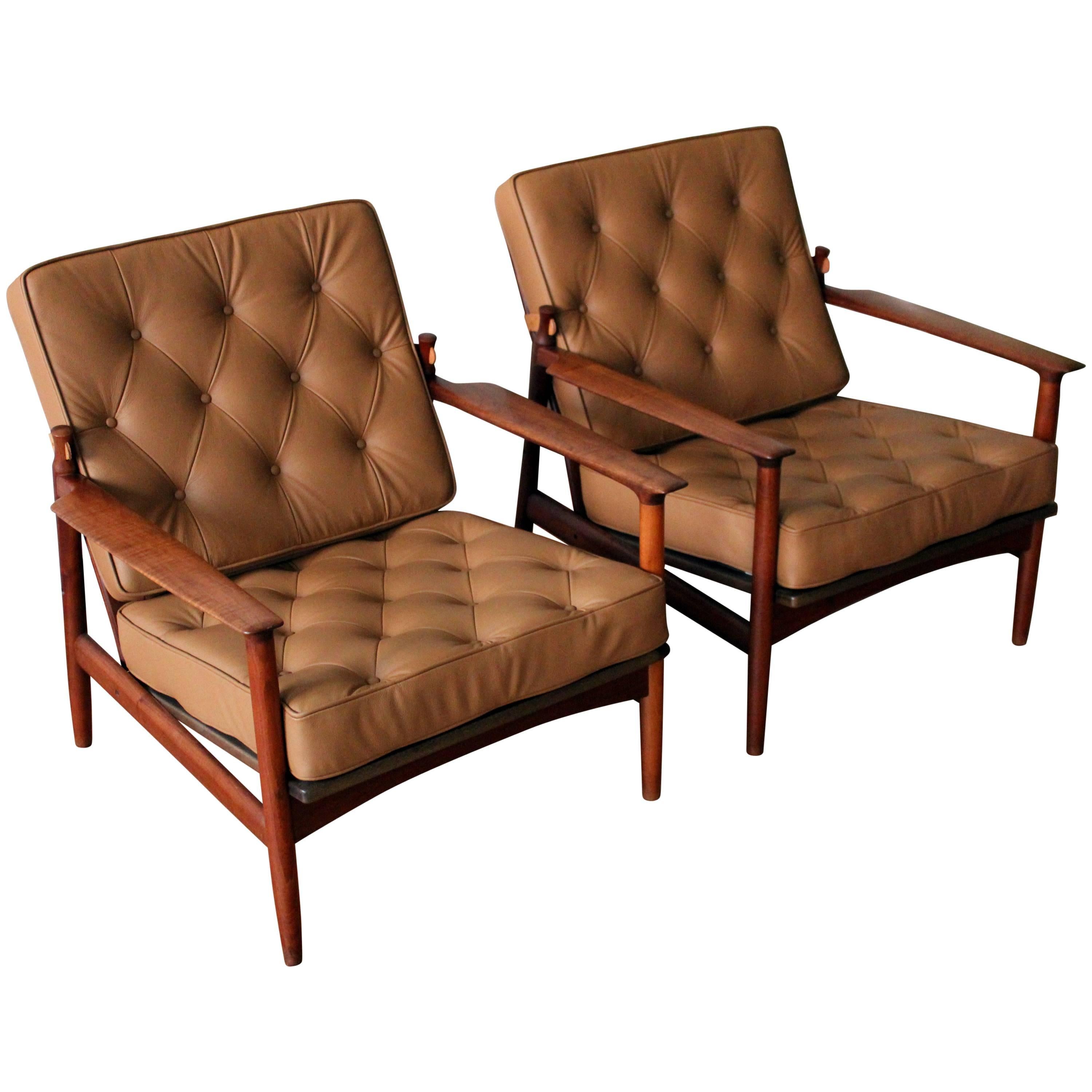 Rare Kofod Larsen Selig Solid Walnut Leather Lounge Chairs