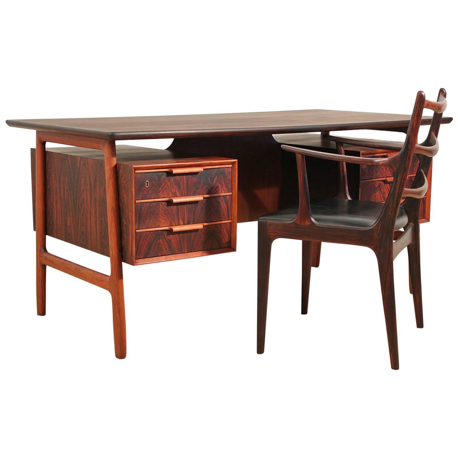 Danish Rosewood Executive Desk and Chair Designed by Gunni Omann
