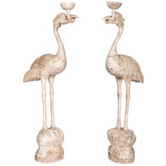  Candle Stands, Wood Carved Crane, Pair
