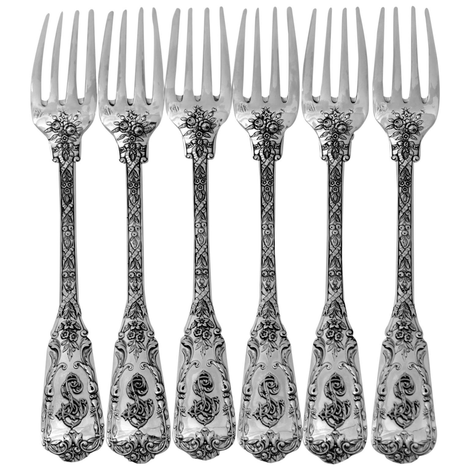 Cardeilhac French Sterling Silver Dinner Forks Set of Six Pieces, Neoclassical For Sale