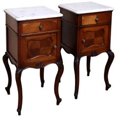 Pair of Walnut Marble-Top Bedside Cabinets