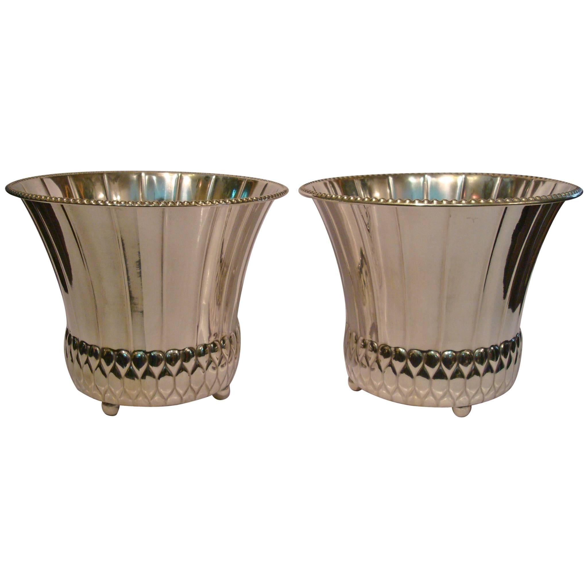 Pair of Art Deco Planters Silver Plated Brass, Germany, 1920