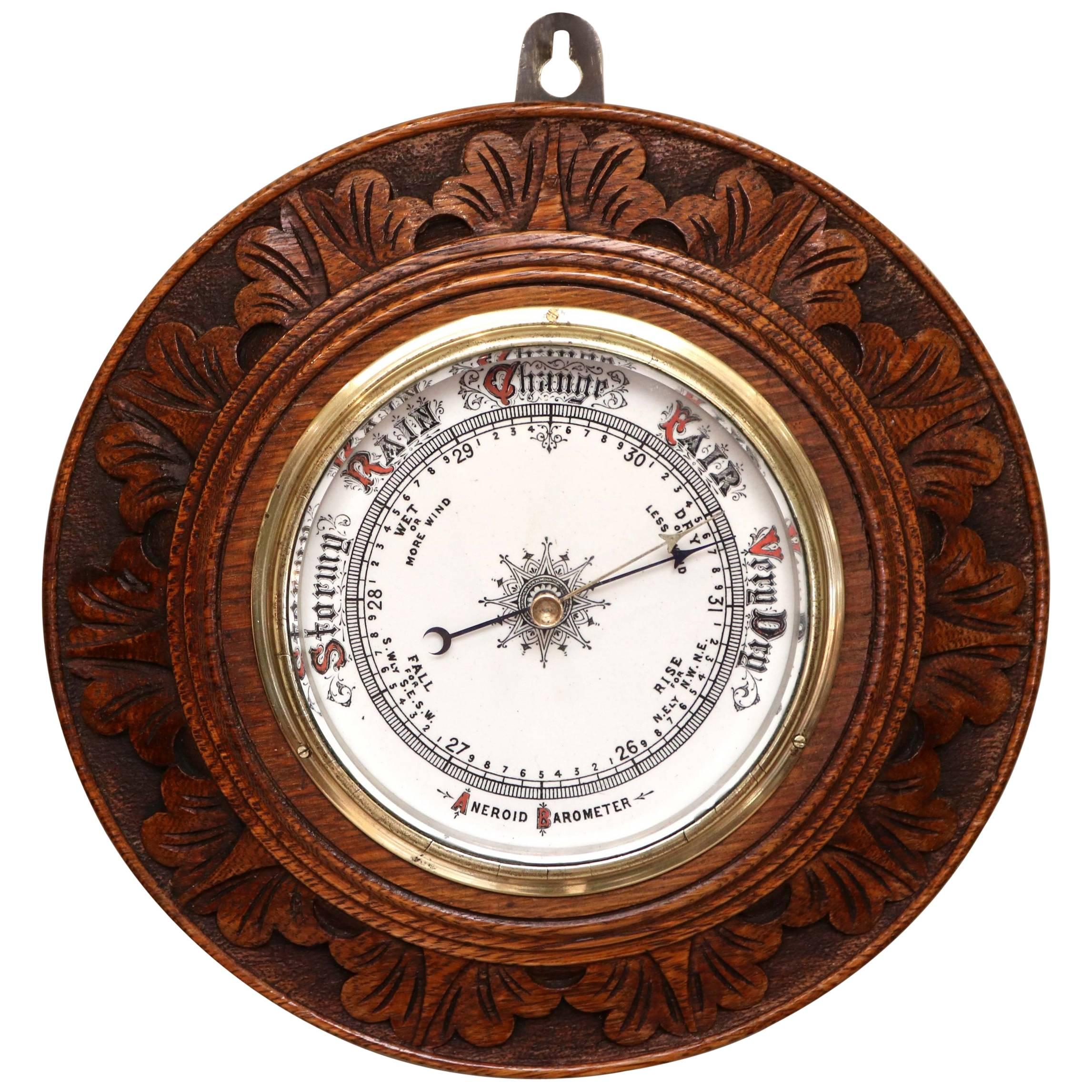 Edwardian Carved Circular Oak Barometer
