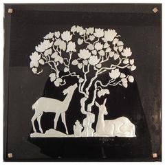 "Deer in the Shade," Highly Rare Art Deco Mirror with Sculptural Relief