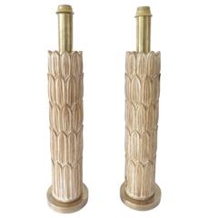 Pair of Tall Carved Acanthus Leaf Motif Cerused Wood Italian Table Lamps 4