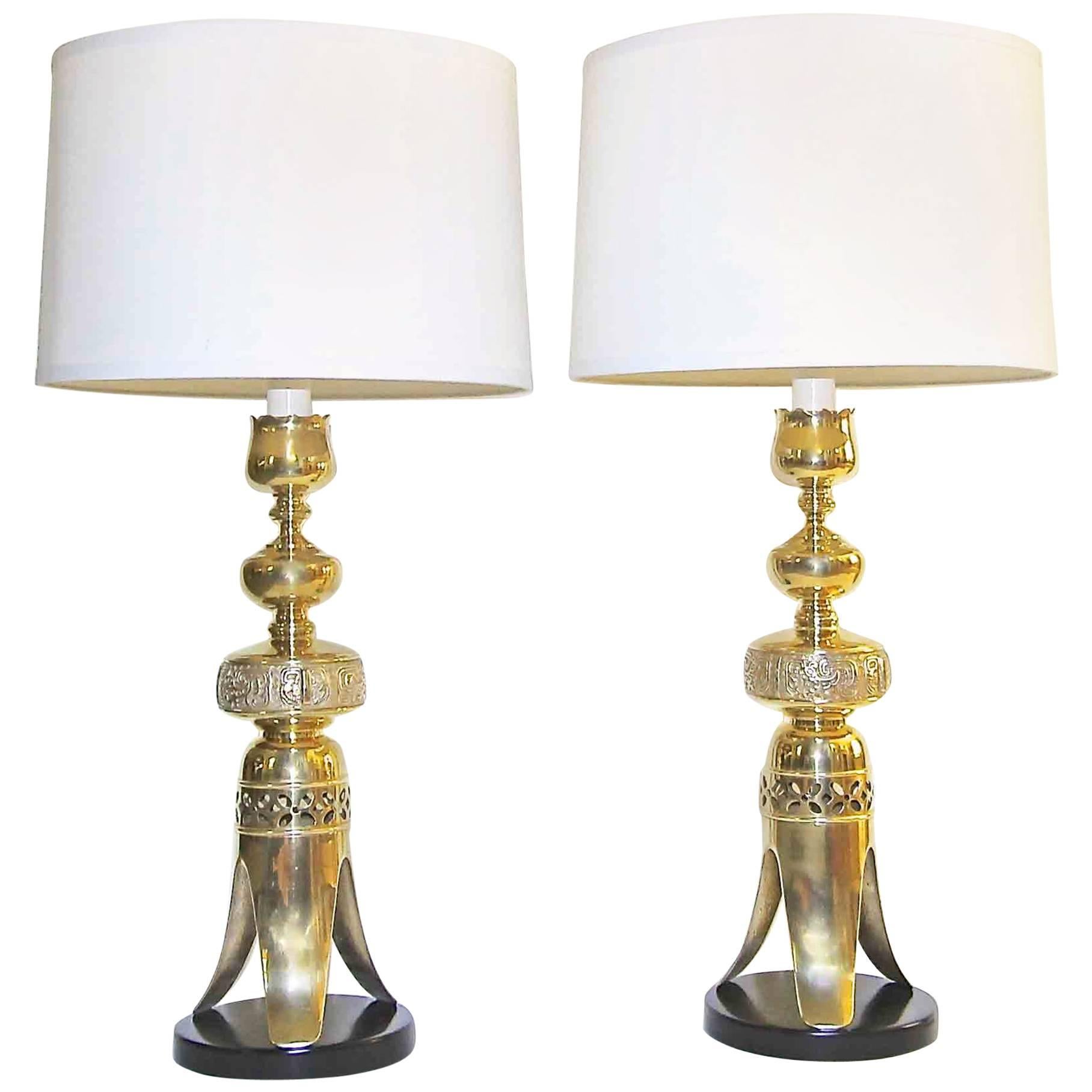 Pair of Tall Brass Asian Altar Candlestick Table Lamps