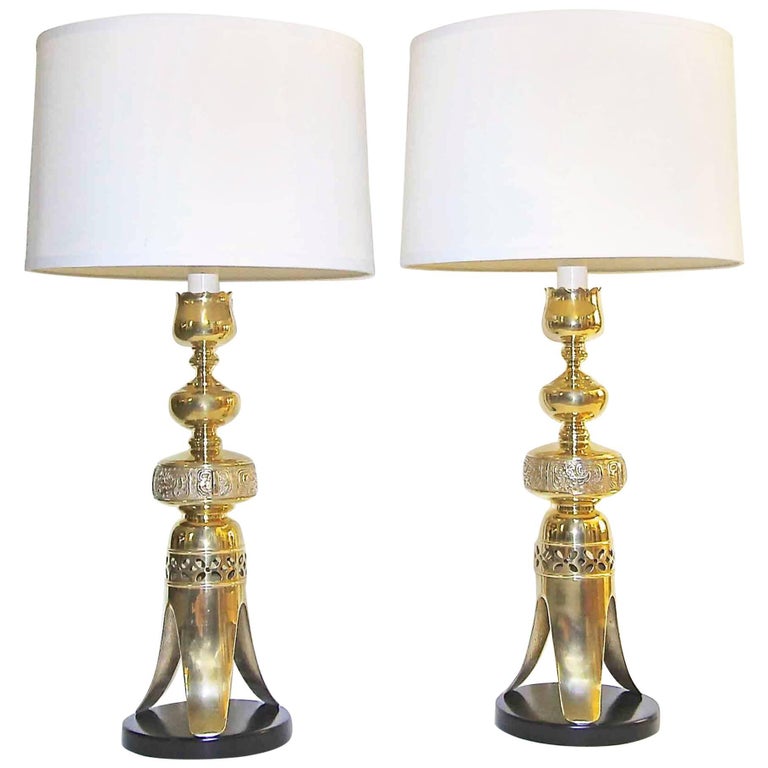 Pair Of Tall Brass Asian Altar, Asian Table Lamps