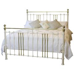 Antique Wide Brass and Iron Bed in Cream, MSk30